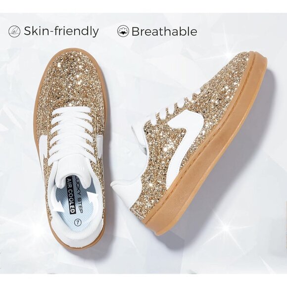 Lucky Step Women Gold White Sparkly Bling Shiny Dressy Bedazzled Bridal Sneakers - Picture 4 of 9